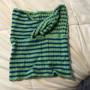 Small trendy green and blue strapless crop top from Amazon.